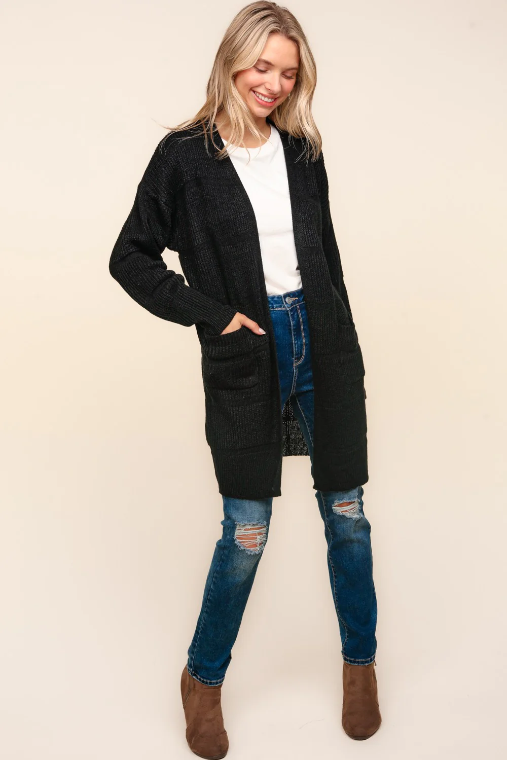Stripe Textured Open Cardigan with Pockets in Black - Image 3