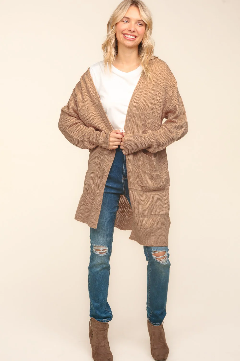 Stripe Textured Open Cardigan with Pockets in Taupe - Image 3