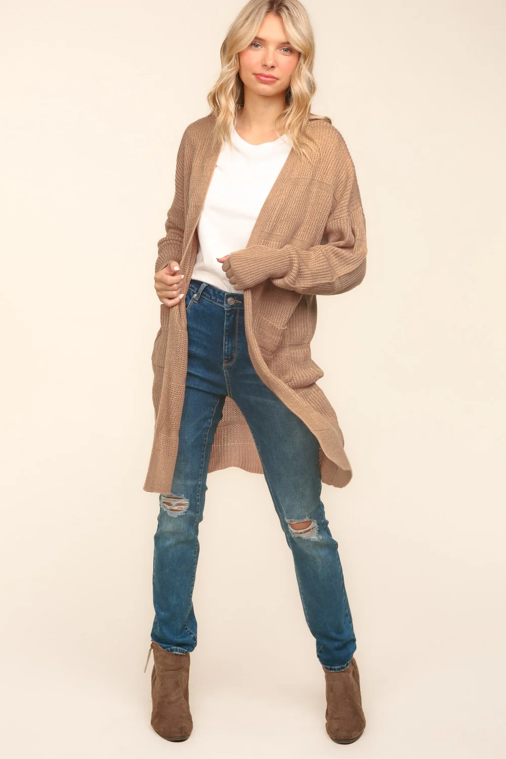 Stripe Textured Open Cardigan with Pockets in Taupe - Image 4
