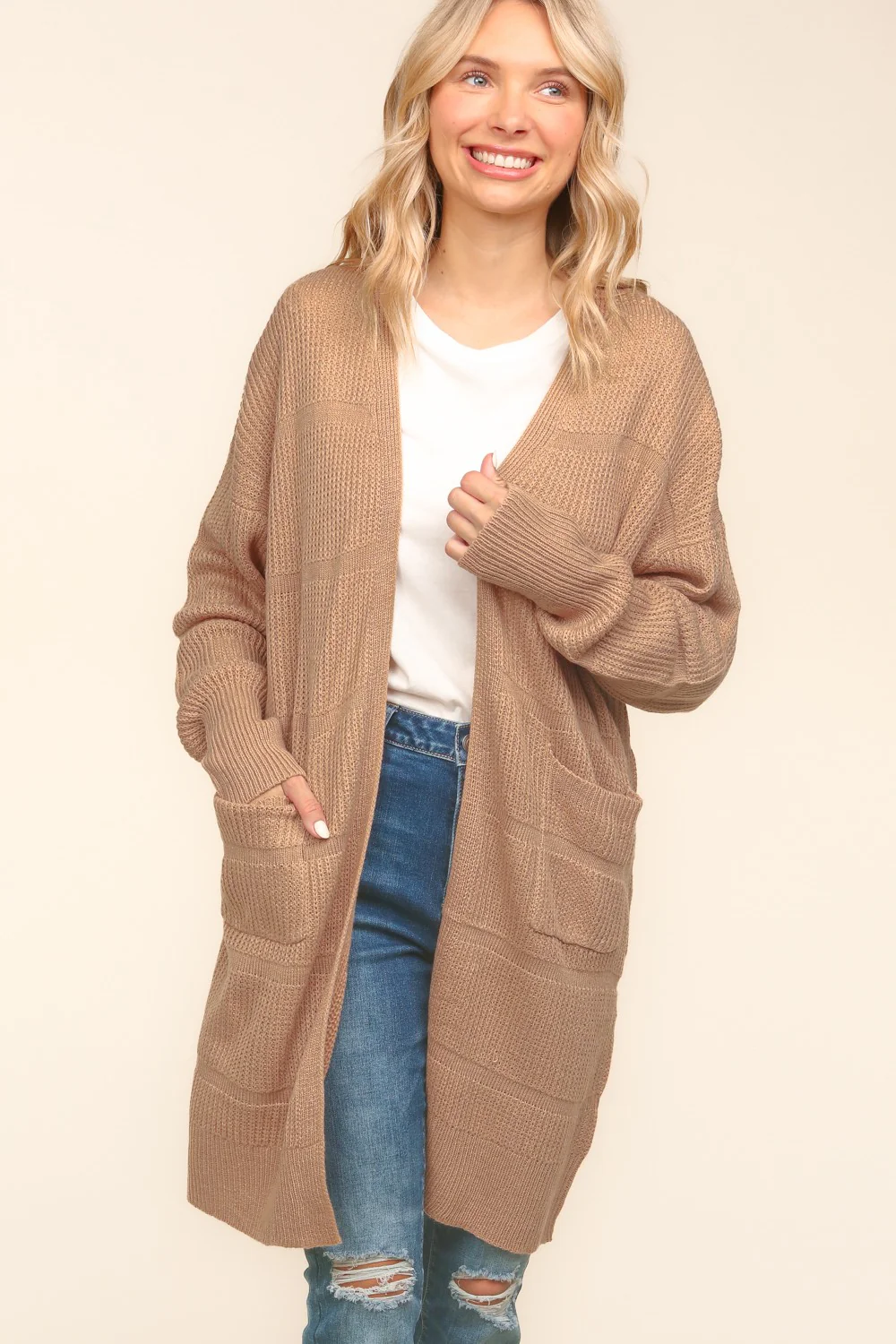 Stripe Textured Open Cardigan with Pockets in Taupe - Image 5