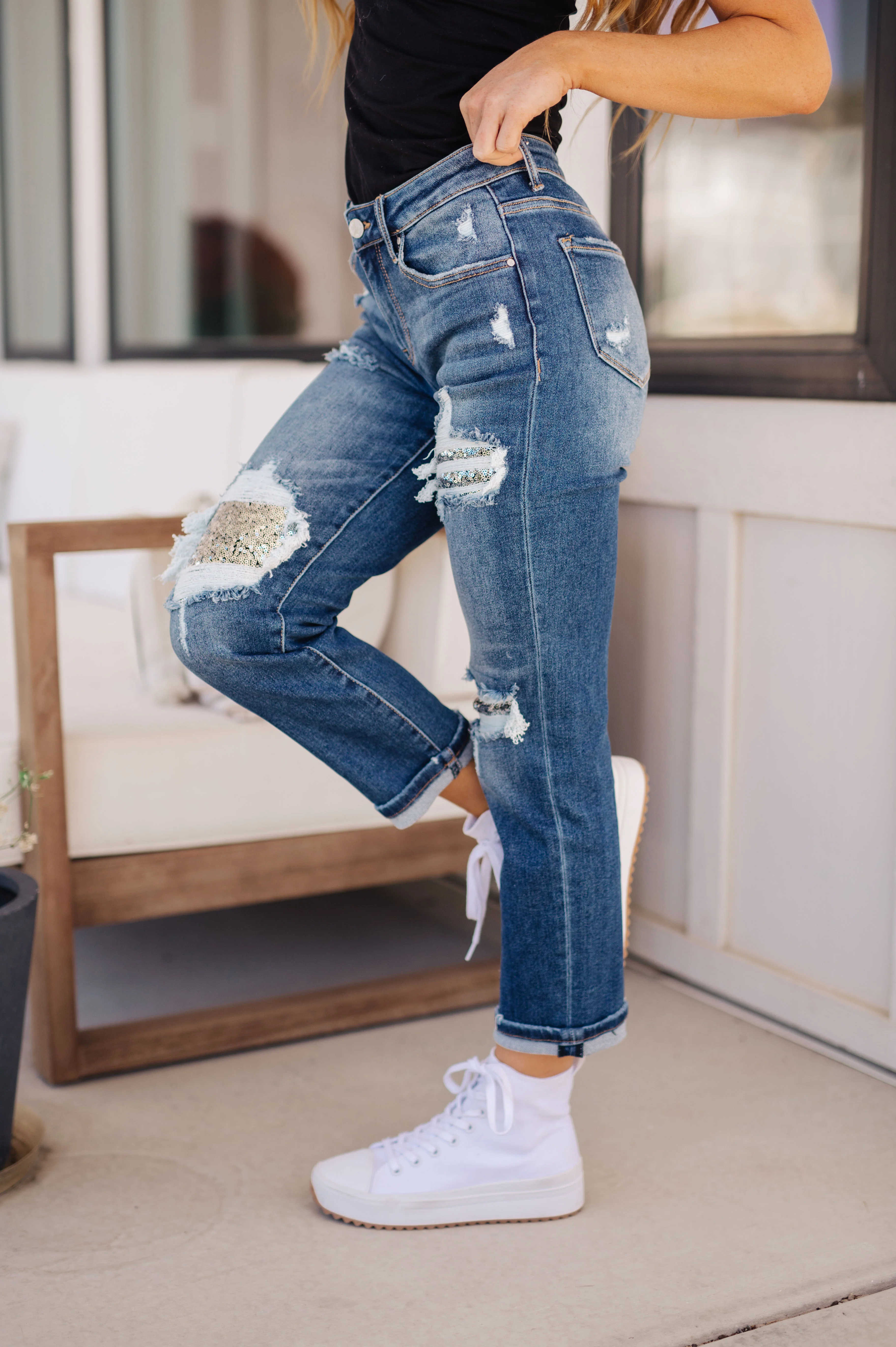 Suki Mid Rise Sequin Patch Tapered Jeans - 9/29/2023 - Image 6