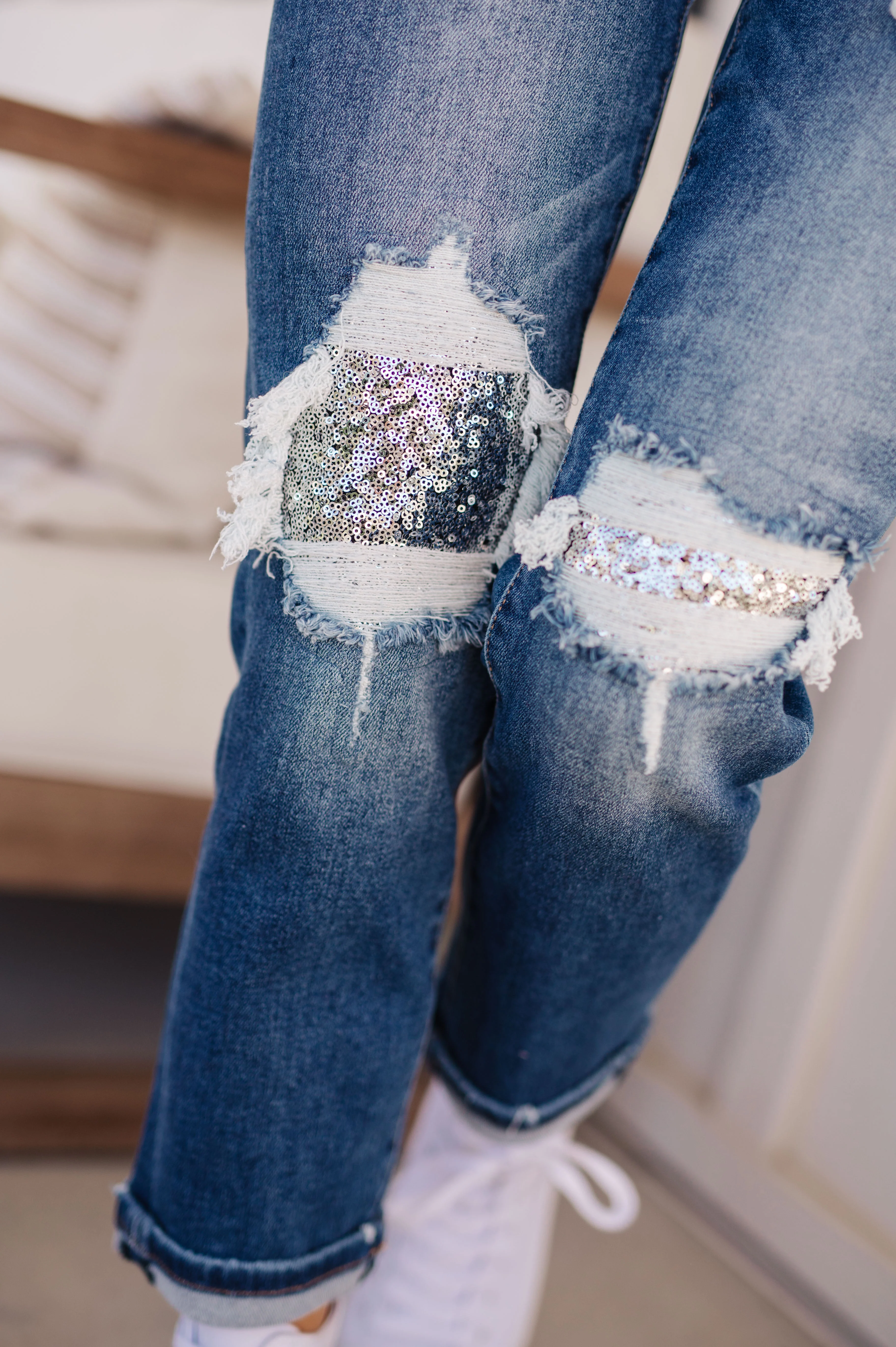 Suki Mid Rise Sequin Patch Tapered Jeans - 9/29/2023 - Image 7