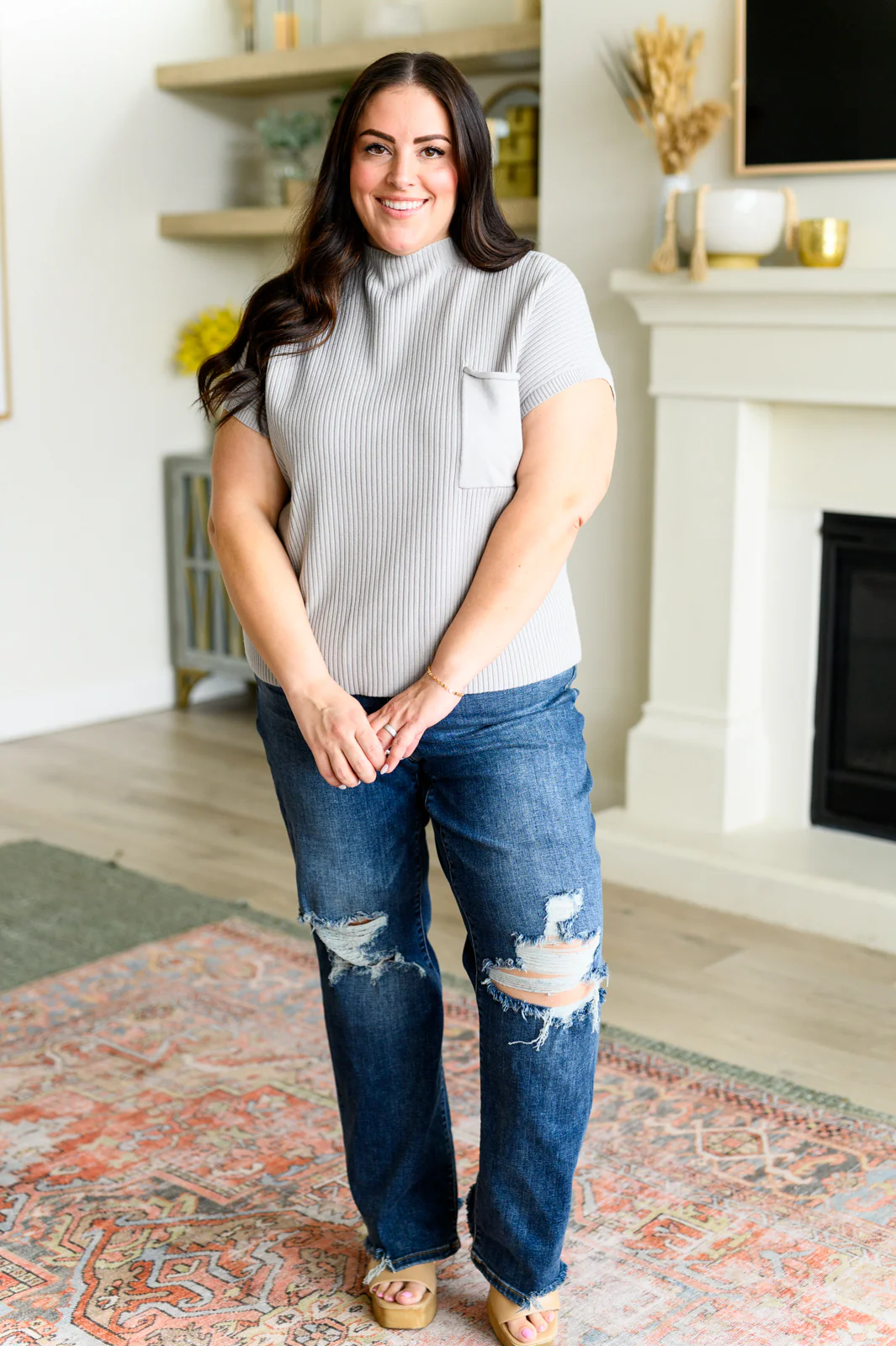 This Little Life Mock Neck Short Sleeve Sweater in Grey - 3/3/2025 - Image 3