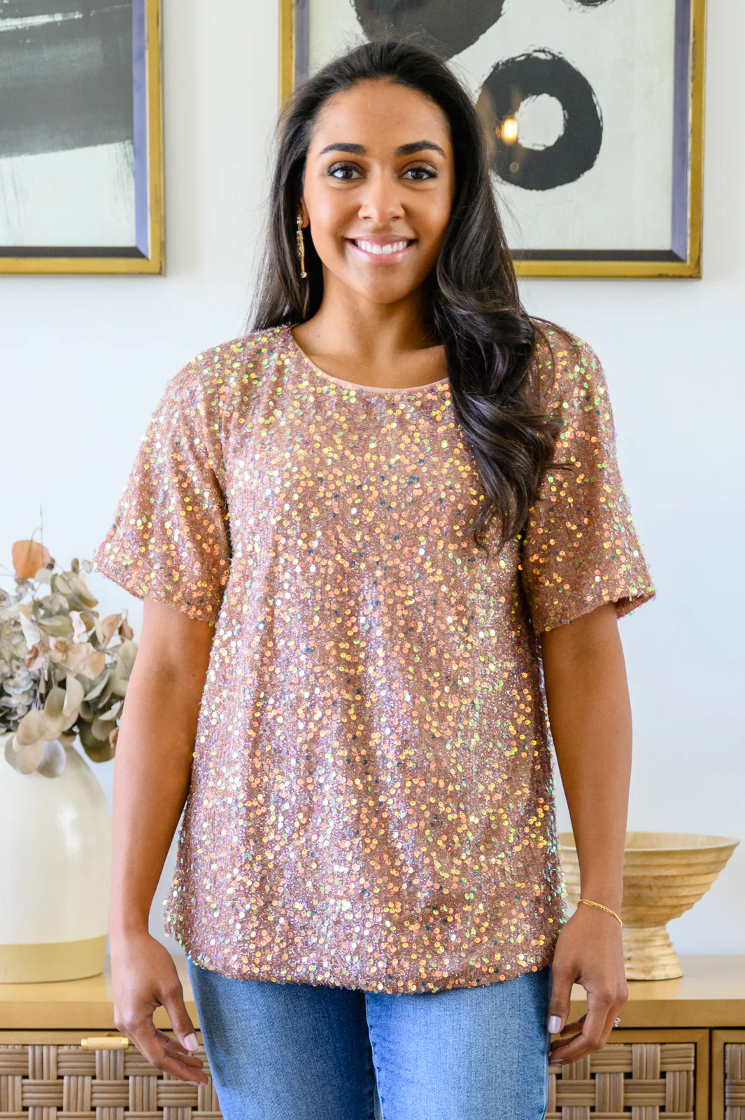 Times Square Sequin Short Sleeve Top In Gold - 12/6/2022 - Image 2