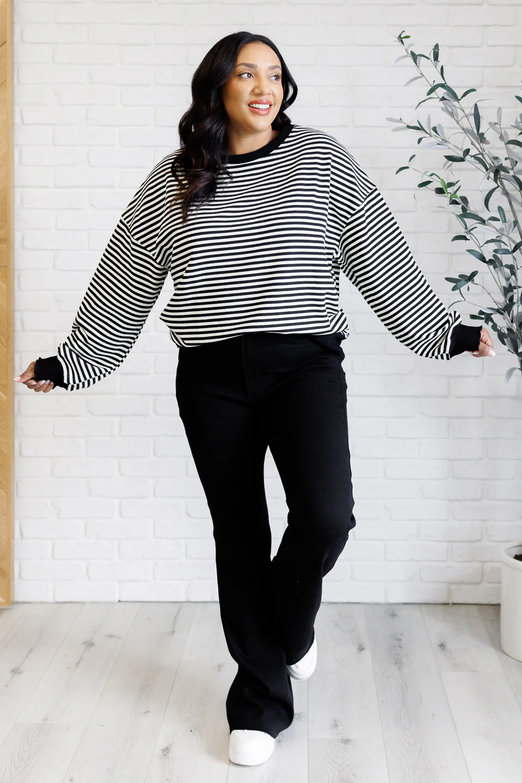 Too Good to Be True Striped Drop Shoulder Top in Black - 1/16/2025 - Image 4