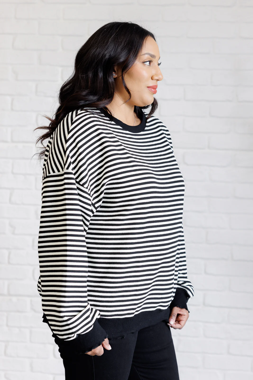 Too Good to Be True Striped Drop Shoulder Top in Black - 1/16/2025 - Image 7