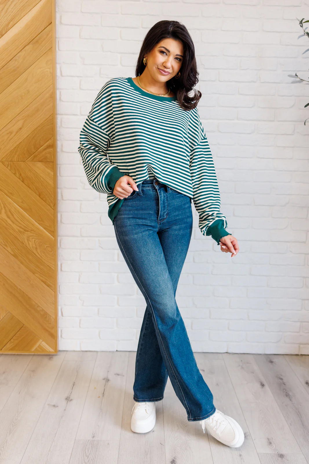 Too Good to be True Striped Drop Shoulder Top in Green  - 11/29/2024 - Image 3