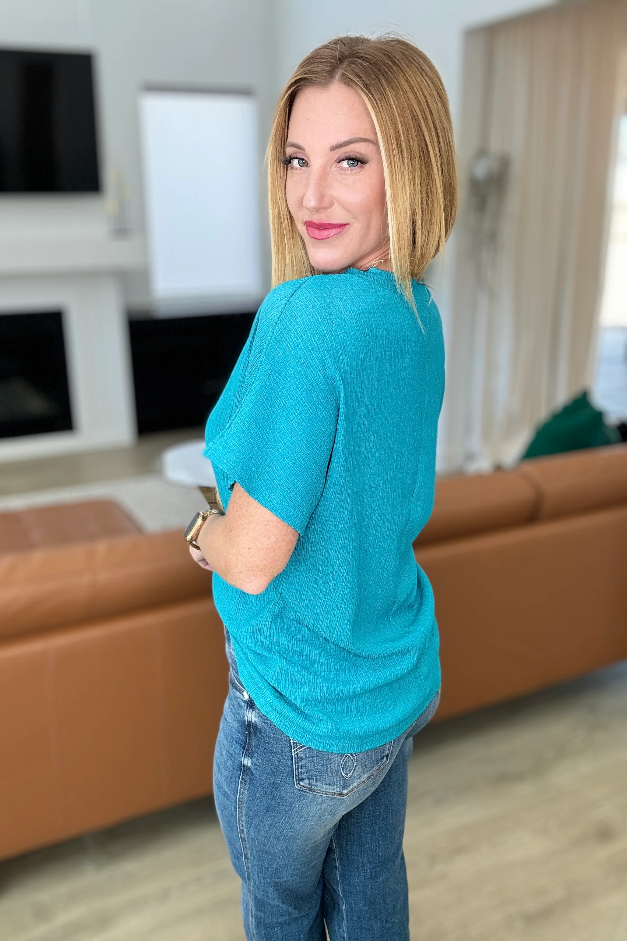 Trial and Error Textured V-Neck Blouse in Teal - 5/22/2024 - Image 5