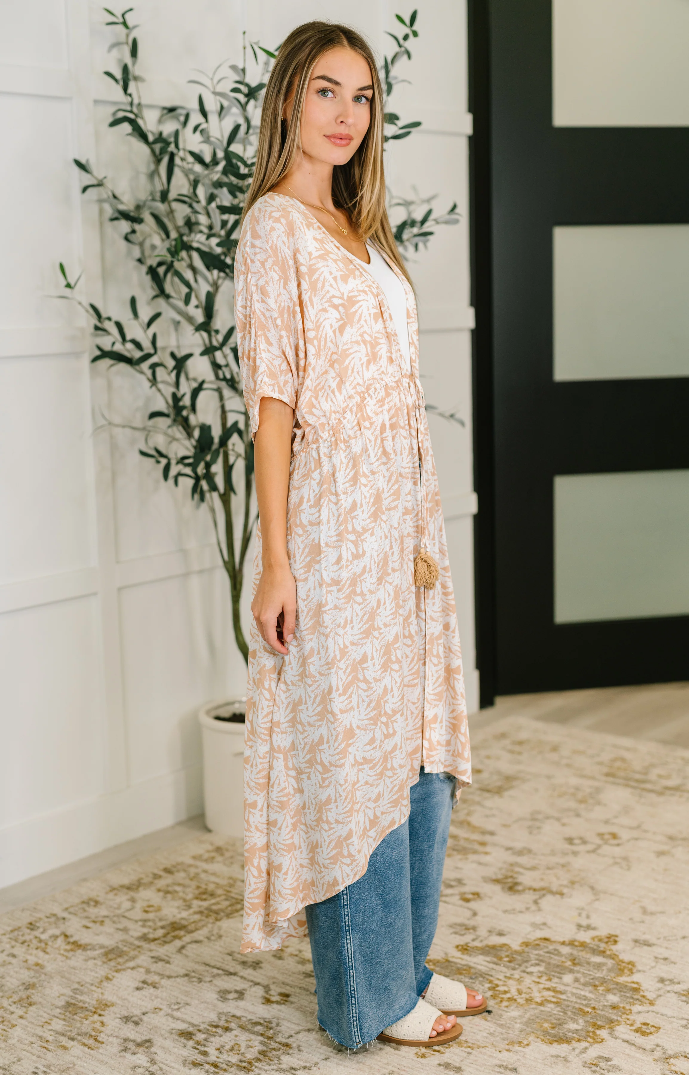 Tropical Print Gauze Kimono with Elastic Waist Tie in Milk Tea - 4/6/2026 - Image 3