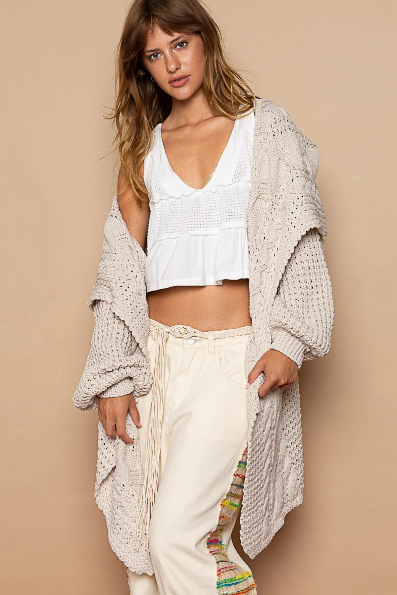 Twist Weave Shawl Collar Balloon Sweater Cardigan - Image 3