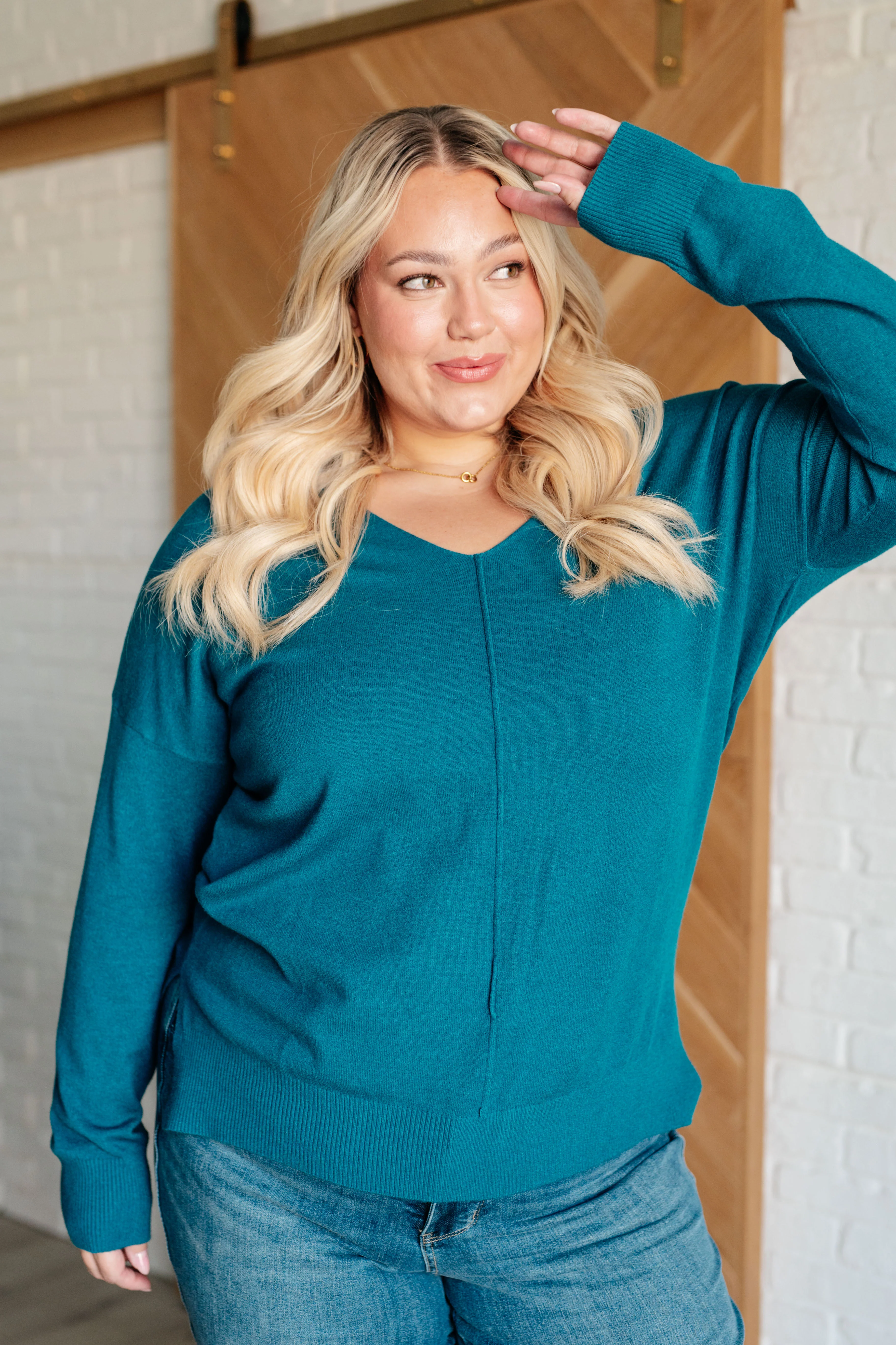 V-Neck Front Seam Sweater in Heather Ocean Teal - 9/25/2024 - Image 3