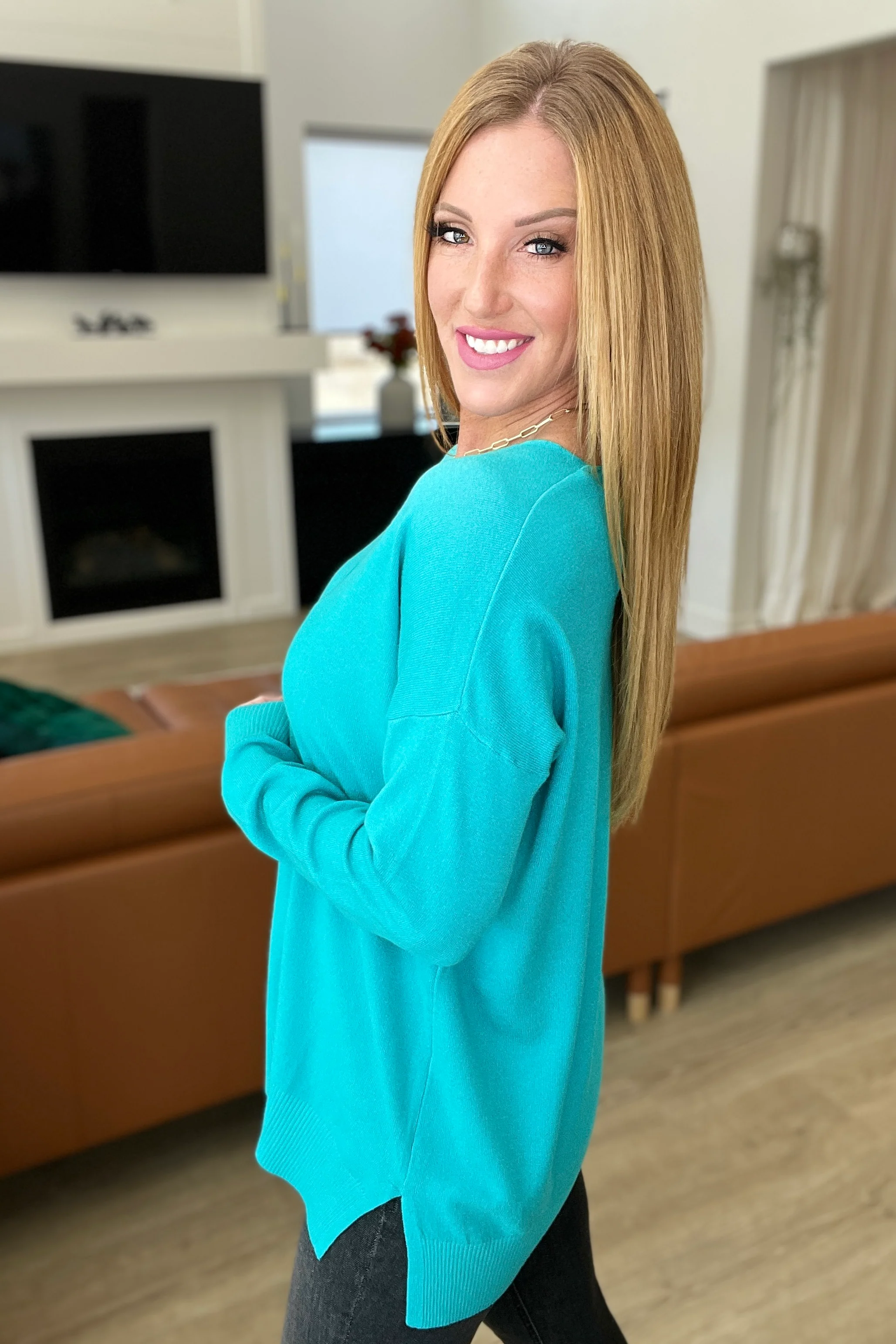 V-Neck Front Seam Sweater in Turquoise - 11/15/2023 - Image 3