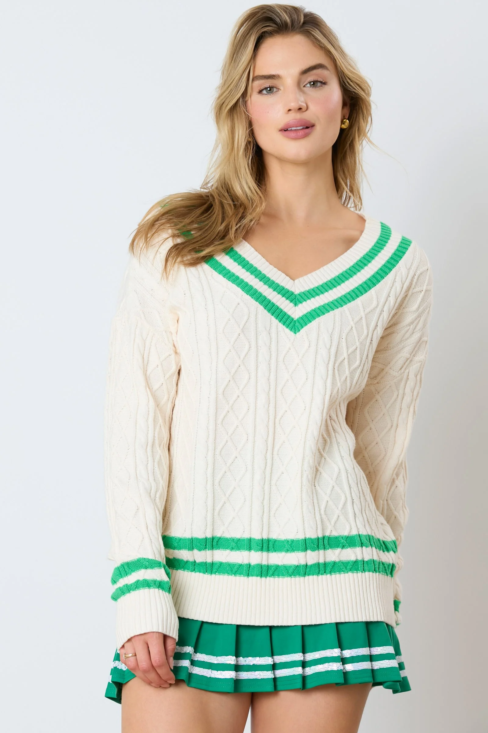 Varsity V-Neck Cable Sweater - Image 3
