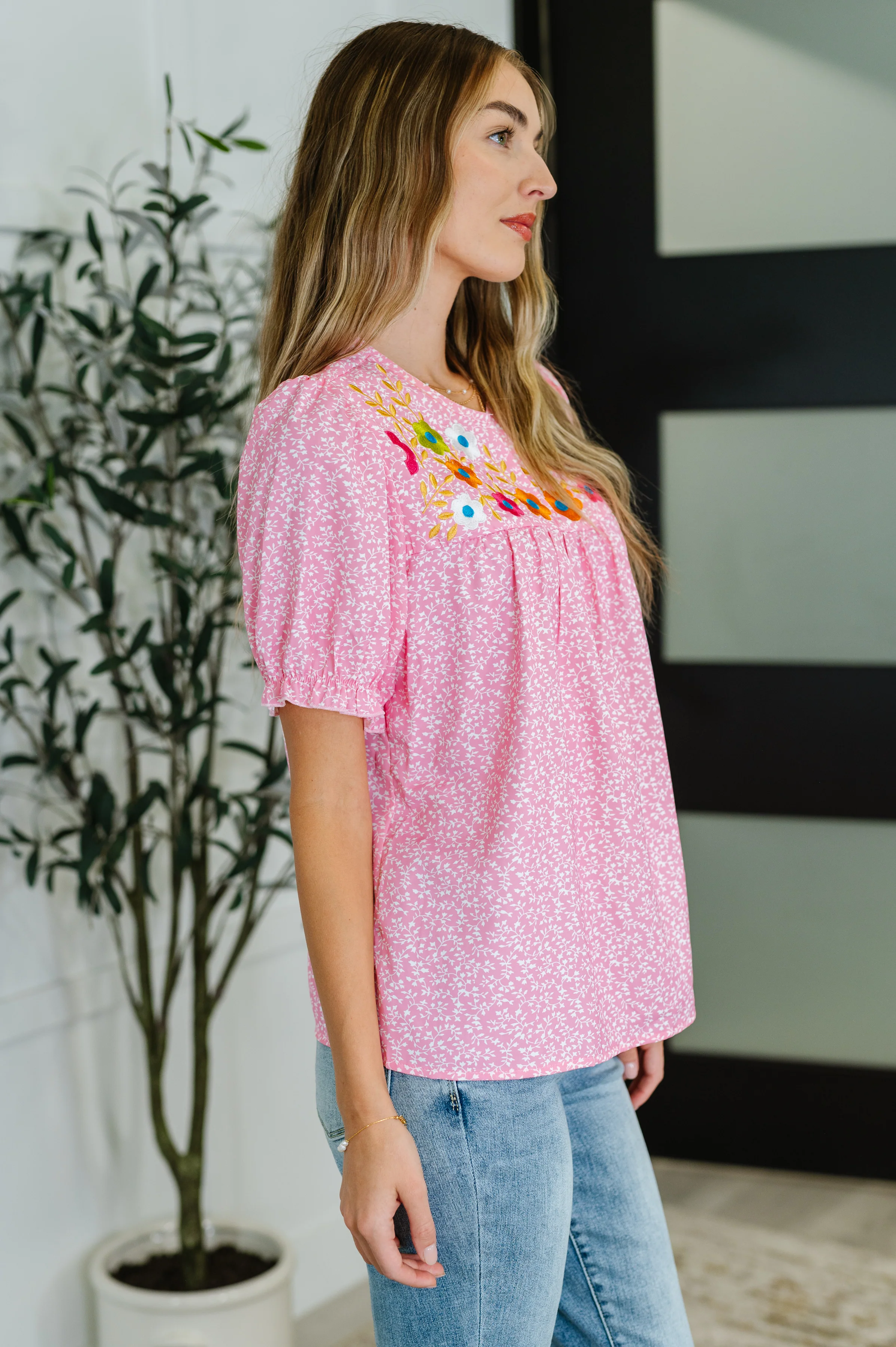 Wander Bloom Embroidered Puff Sleeve Blouse in Pink - 6/8/2026 - Image 4