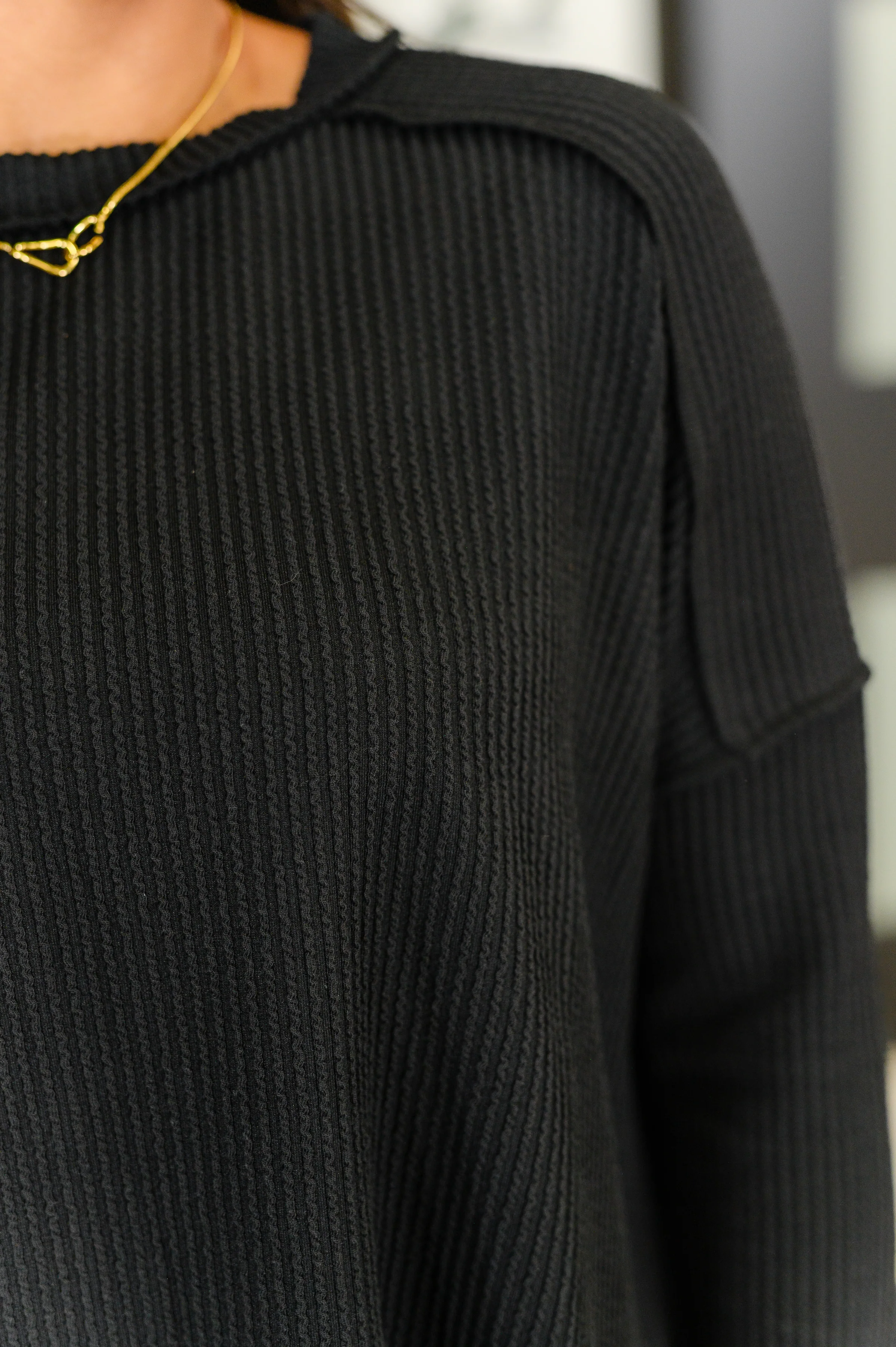Wander & Rest Cable Ribbed Knit Drop Shoulder Top in Black - 8/6/2025 - Image 2