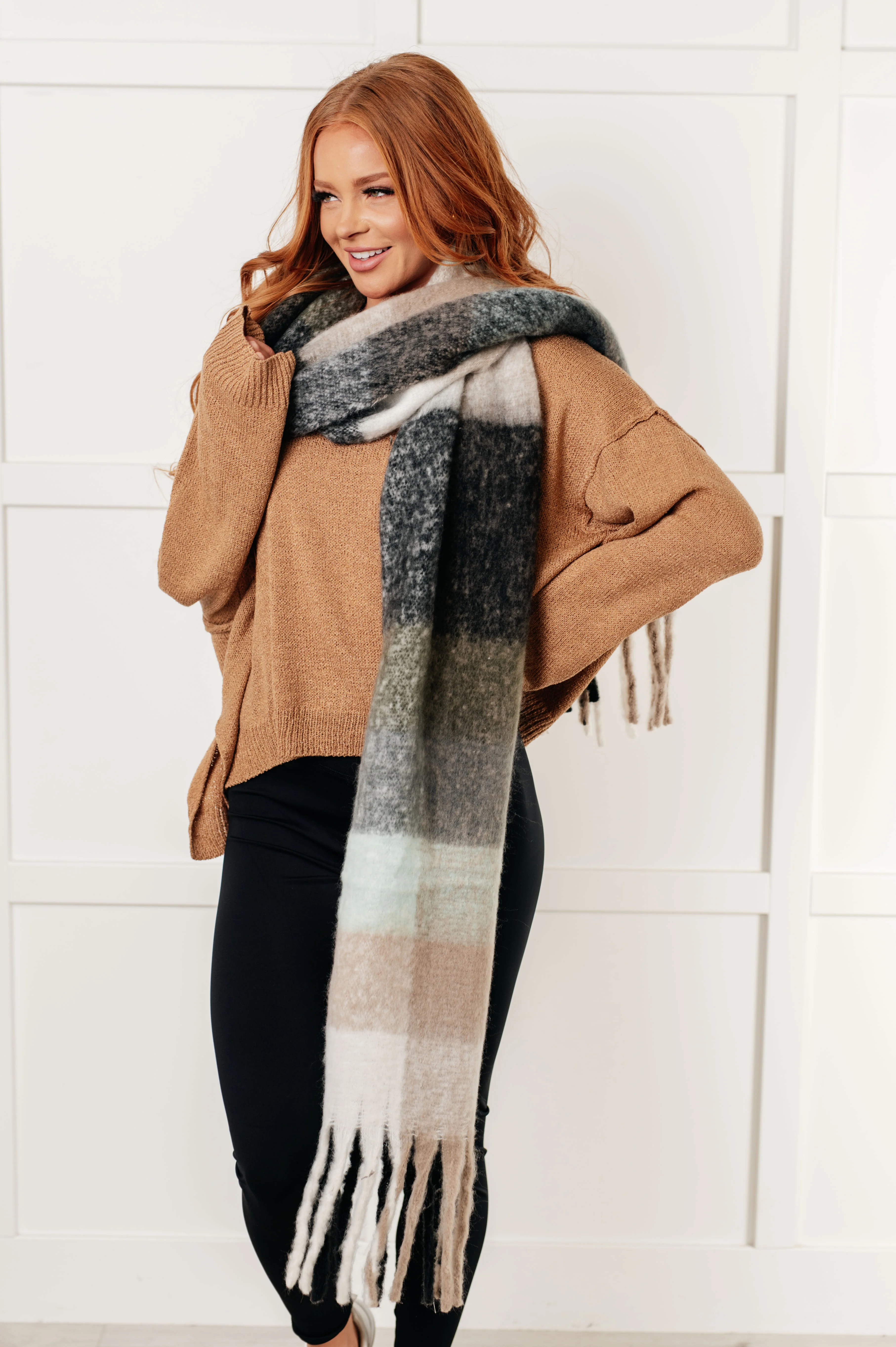 Wanderlust Wrap Oversized Plaid Fringe Scarf in Grey and Jade - 12/1/2025 - Image 5