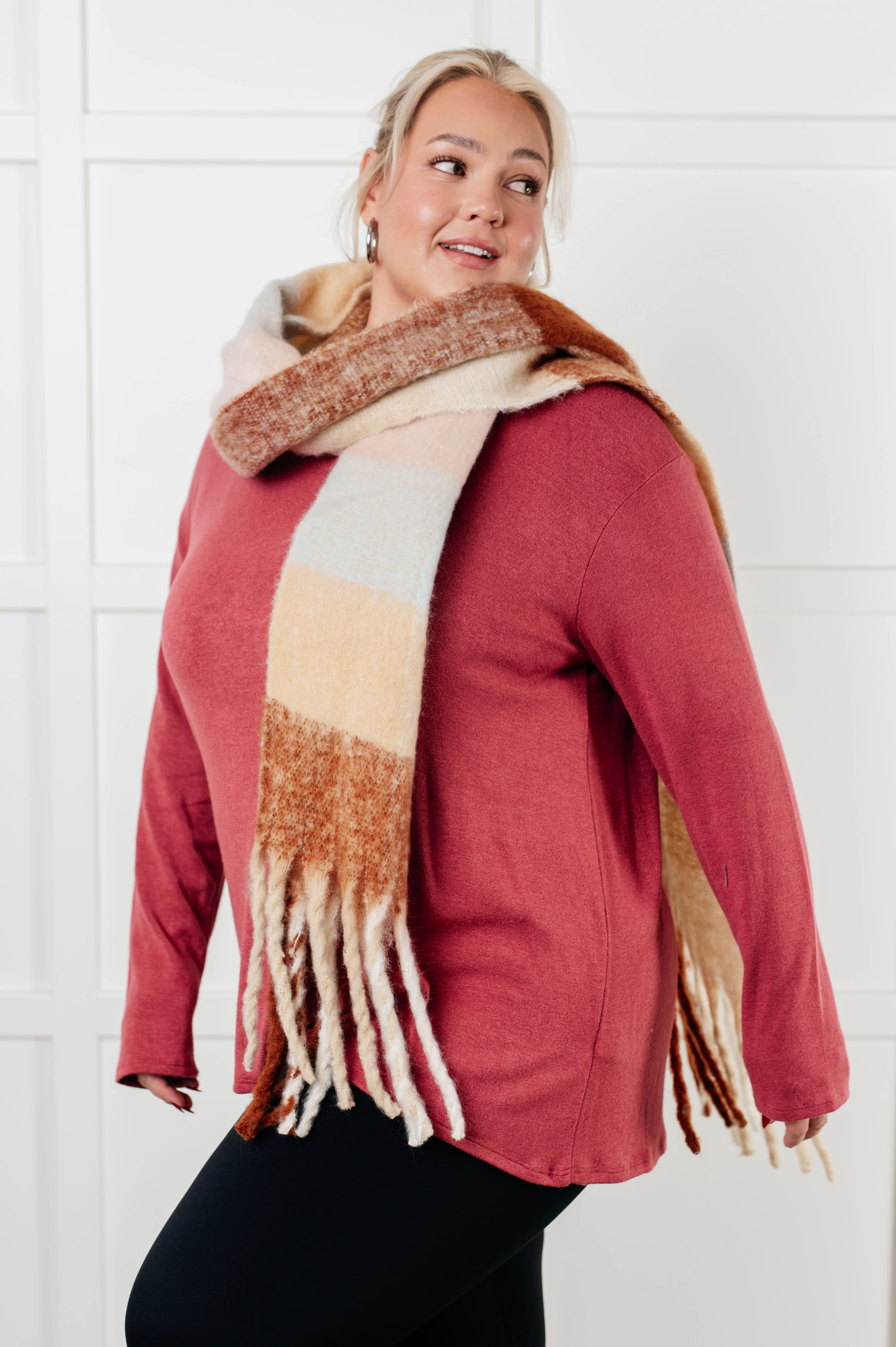 Wanderlust Wrap Oversized Plaid Fringe Scarf in Light Brown - 12/1/2025 - Image 5