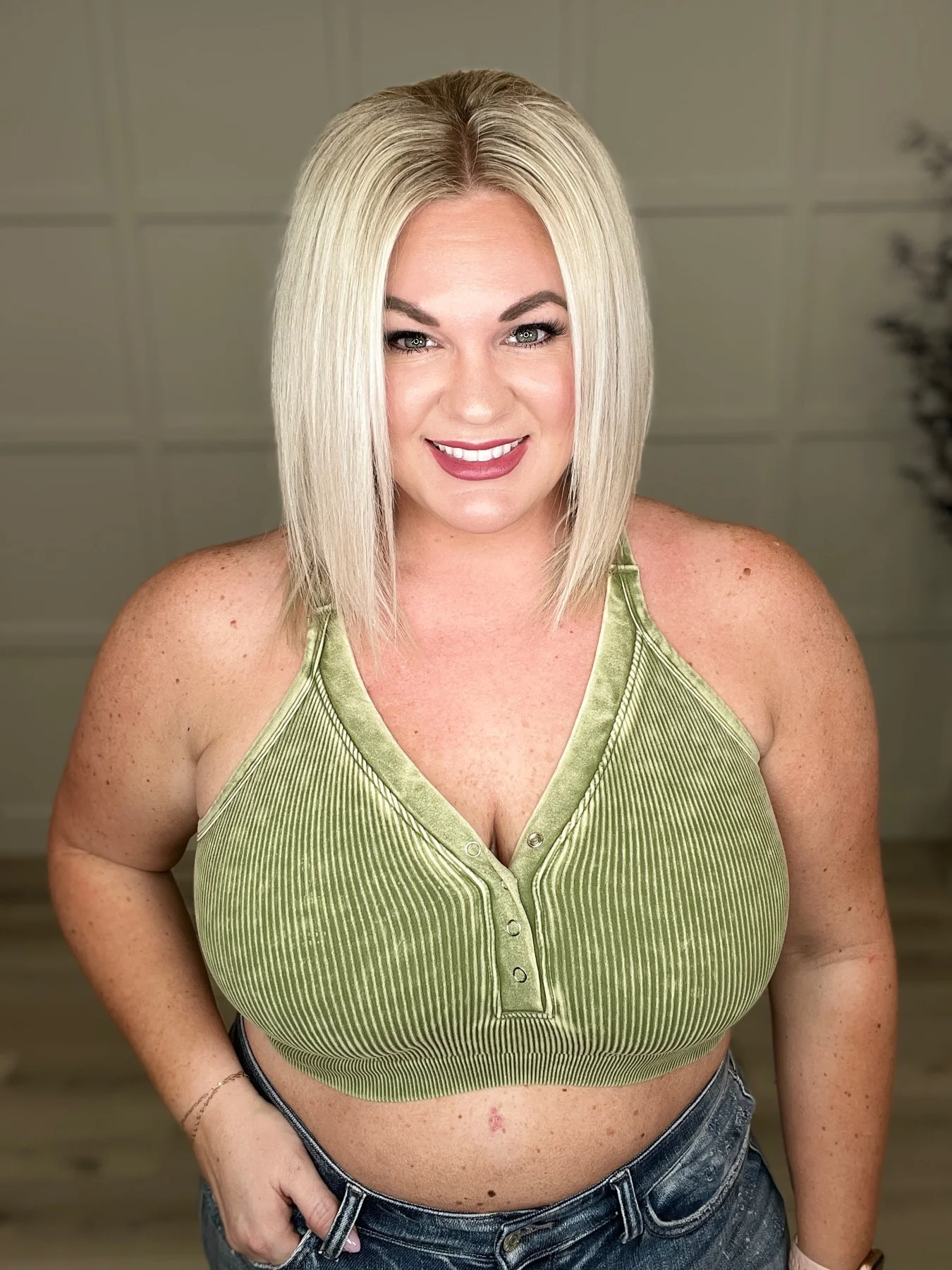 Washed Ribbed Cropped Button V-Neck Tank Top in Five Colors - 4/5/2023 - Image 16