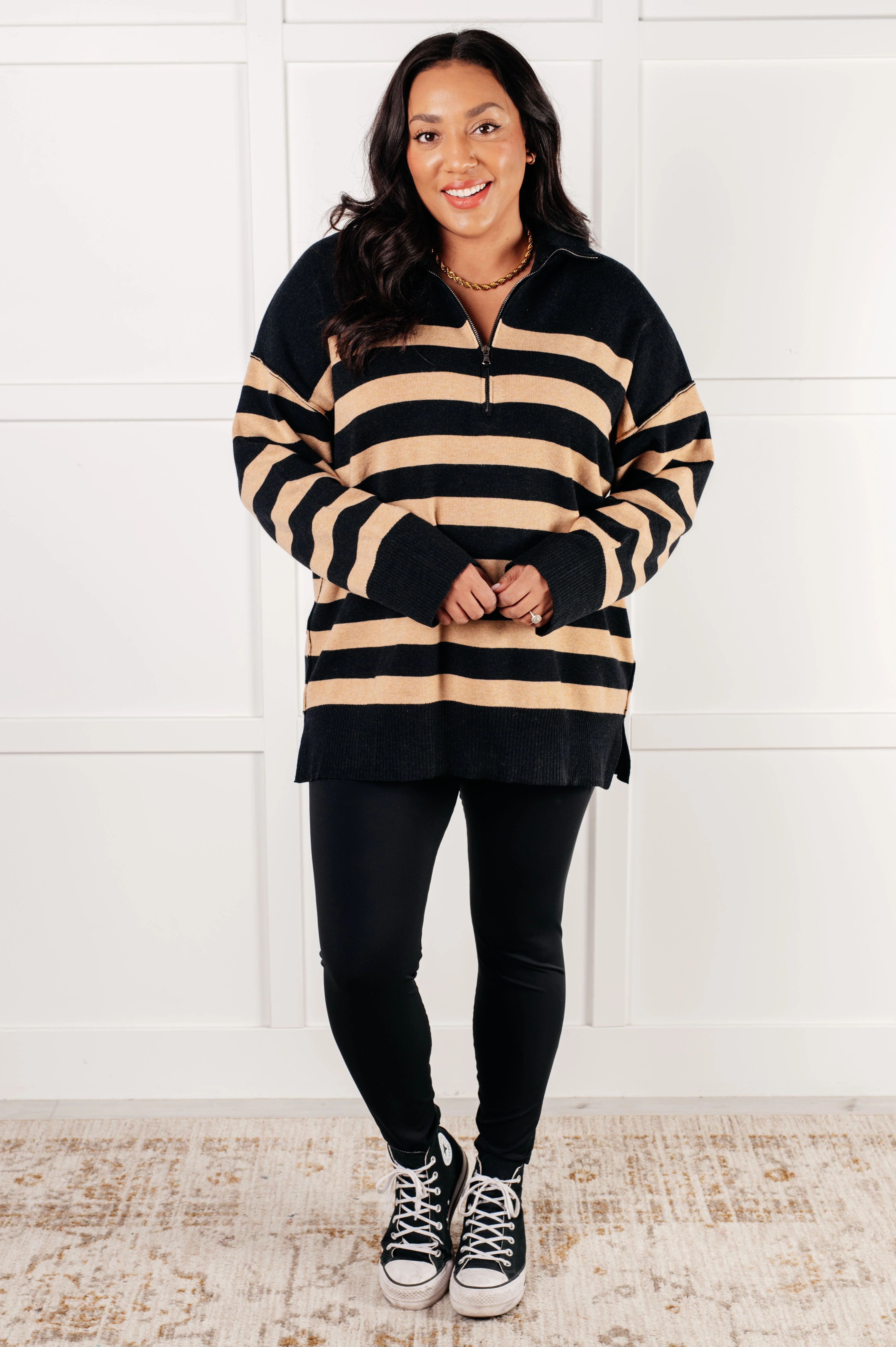 Well Situated Striped Quarter Zip Sweater in Black and Tan - 1/7/2025 - Image 3
