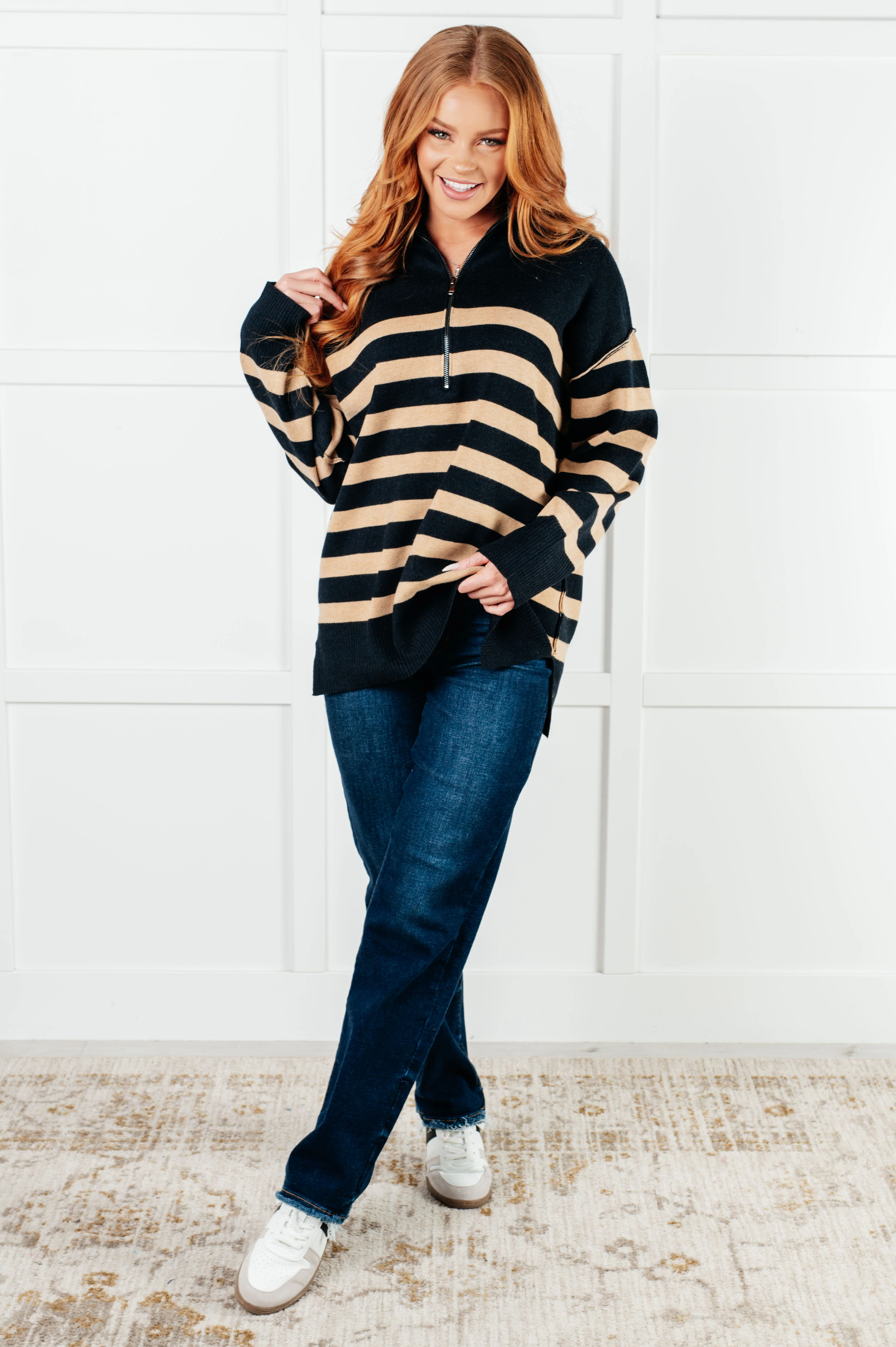 Well Situated Striped Quarter Zip Sweater in Black and Tan - 1/7/2025 - Image 4