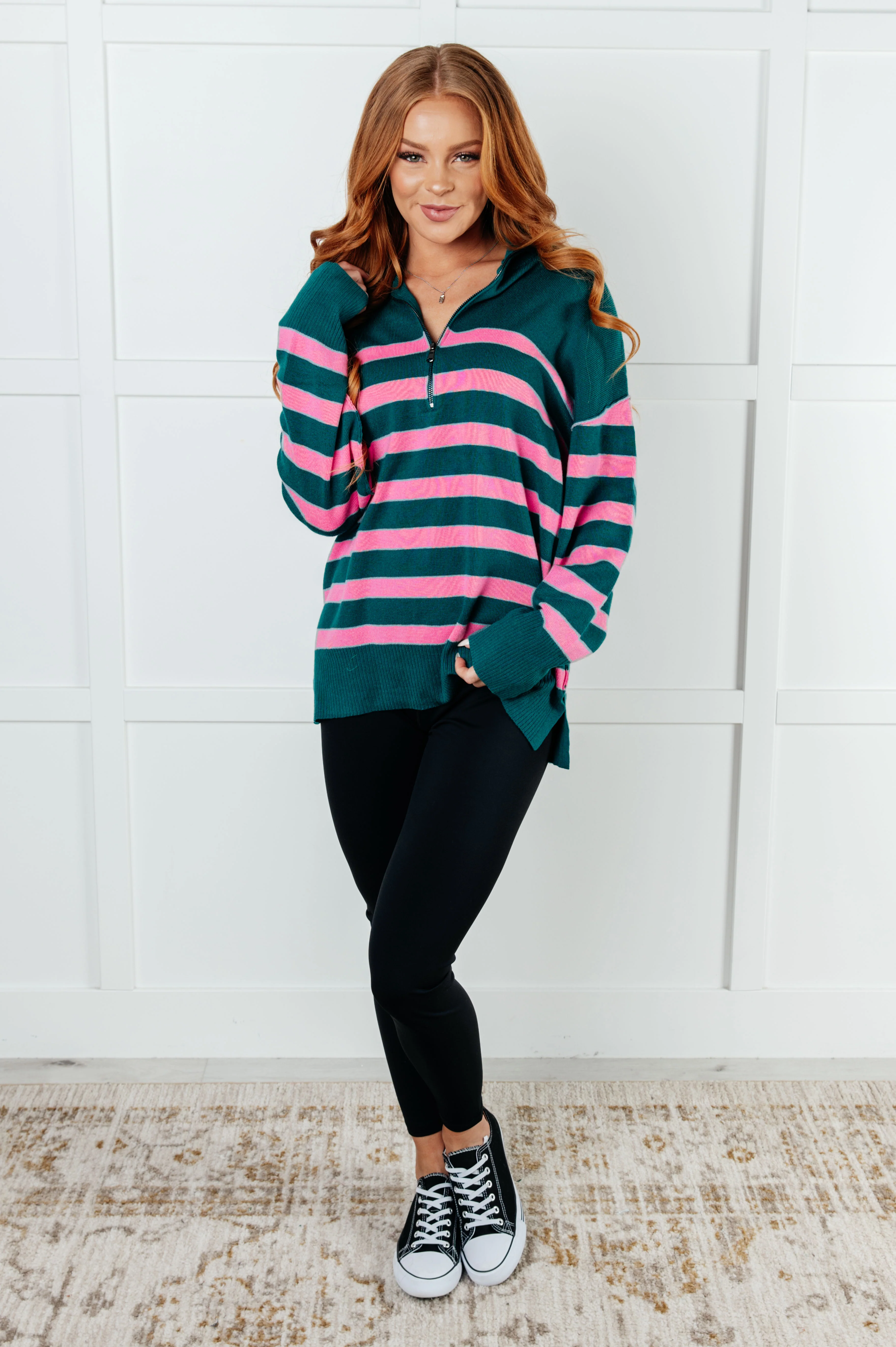 Well Situated Striped Quarter Zip Sweater in Green and Pink - 1/7/2025 - Image 4