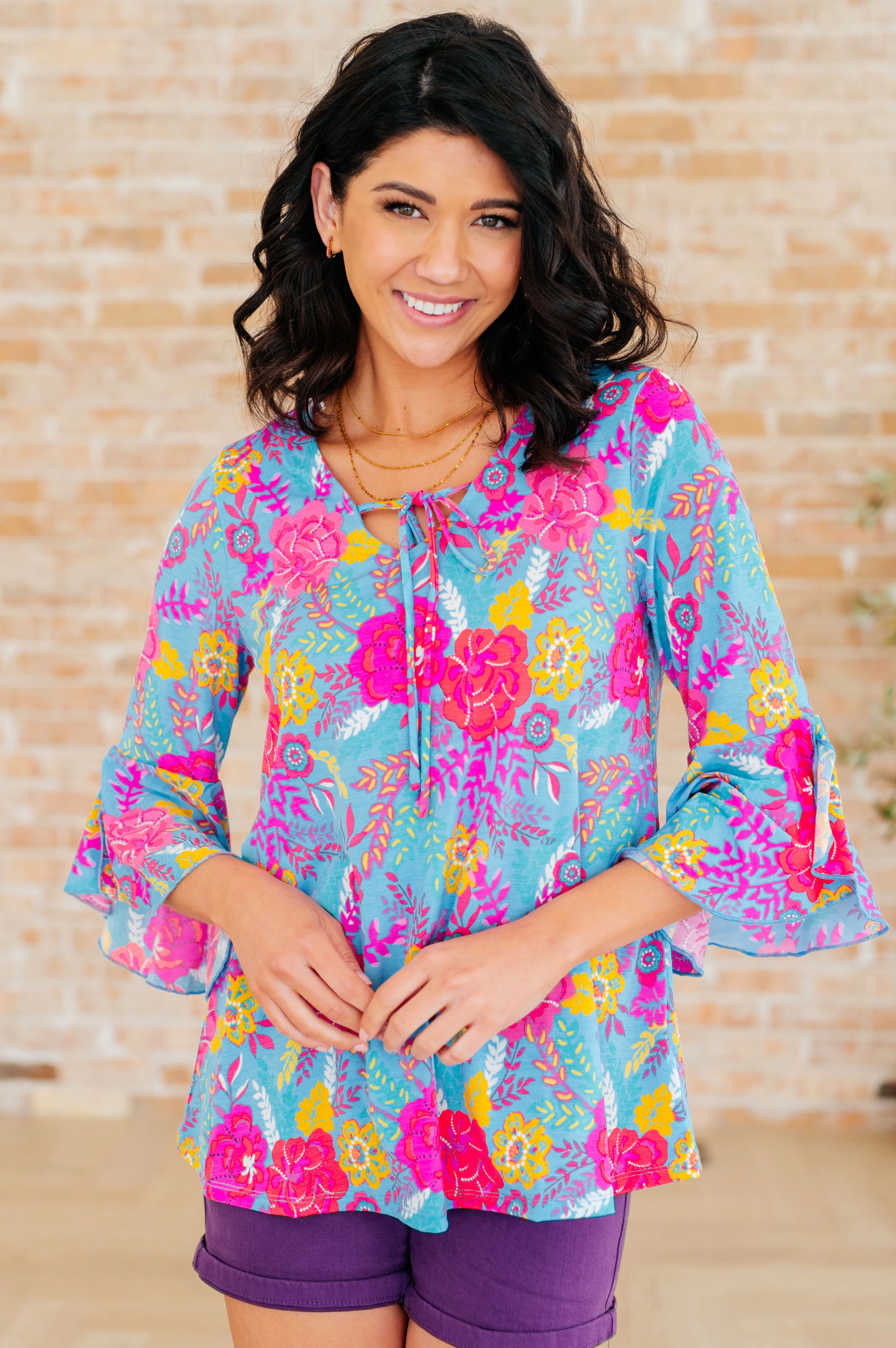 Willow Bell Sleeve Top in Bright Blue Floral - 4/4/2024